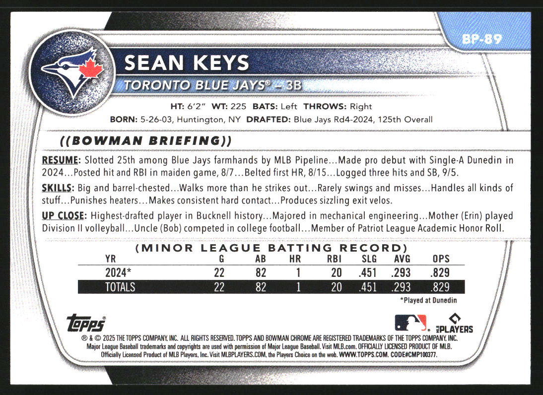 2025 Bowman Prospects Purple Pattern #BP89 Sean Keys