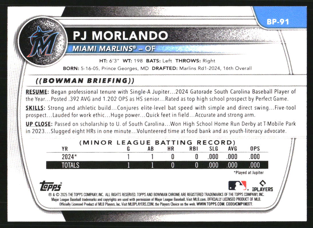 2025 Bowman Prospects Blue Pattern #BP91 PJ Morlando