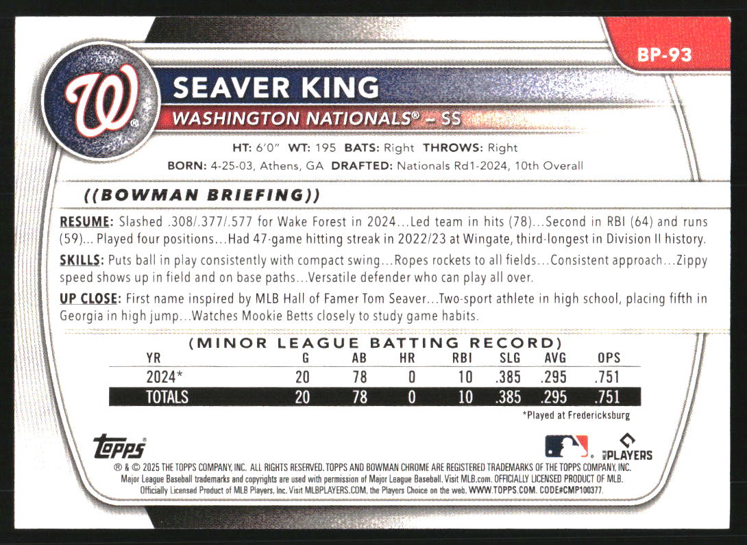 2025 Bowman Prospects Blue Pattern #BP93 Seaver King