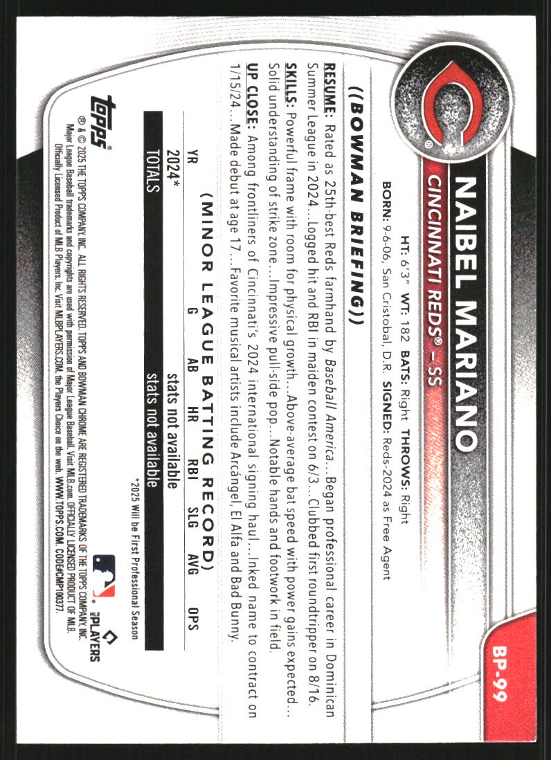 2025 Bowman Prospects Green Pattern #BP99 Naibel Mariano /99