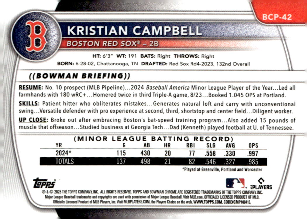 2025 Bowman Chrome Prospects #BCP42 Kristian Campbell back image