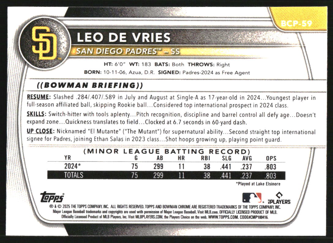 2025 Bowman Chrome Prospects #BCP59 Leo De Vries