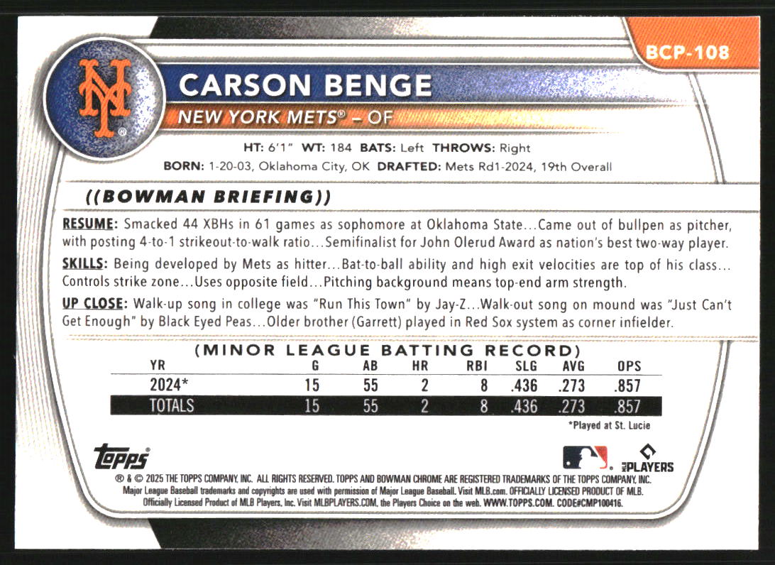 2025 Bowman Chrome Prospects #BCP108 Carson Benge