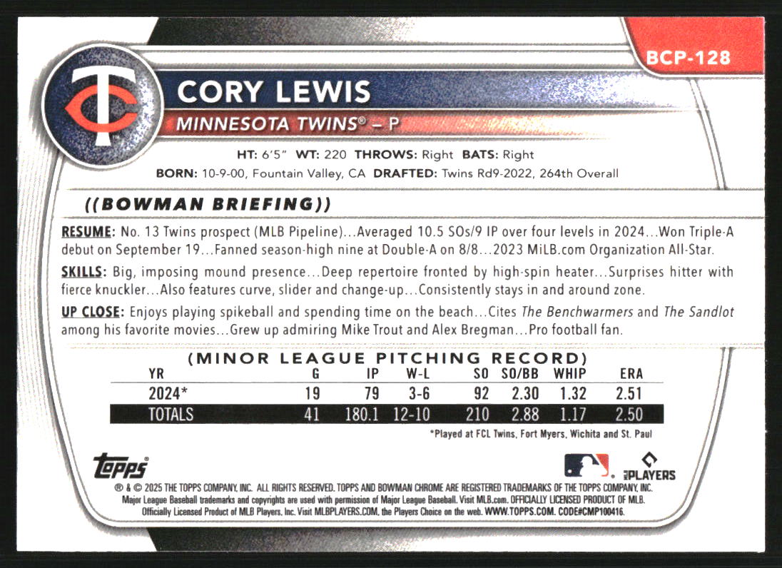 2025 Bowman Chrome Prospects #BCP128 Cory Lewis