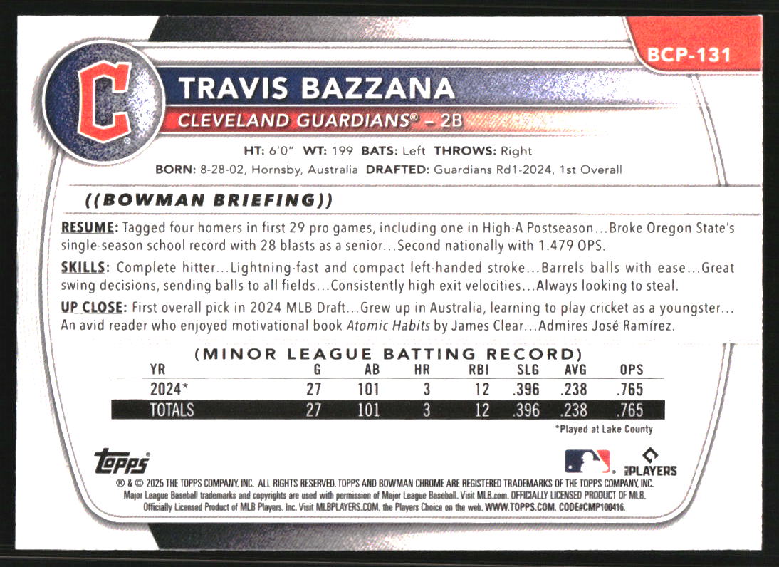 2025 Bowman Chrome Prospects Mini-Diamond Refractors #BCP131 Travis Bazzana