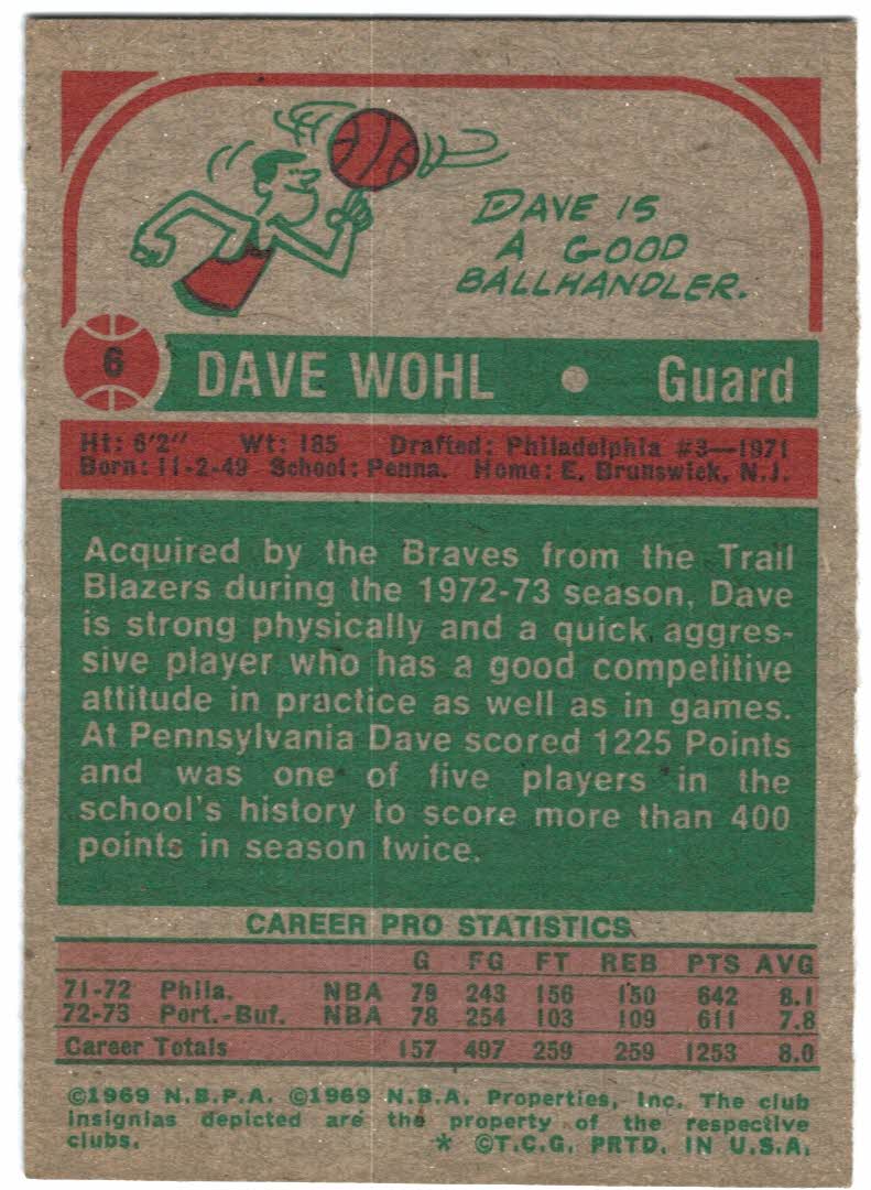 1973-74 Topps #6 Dave Wohl back image