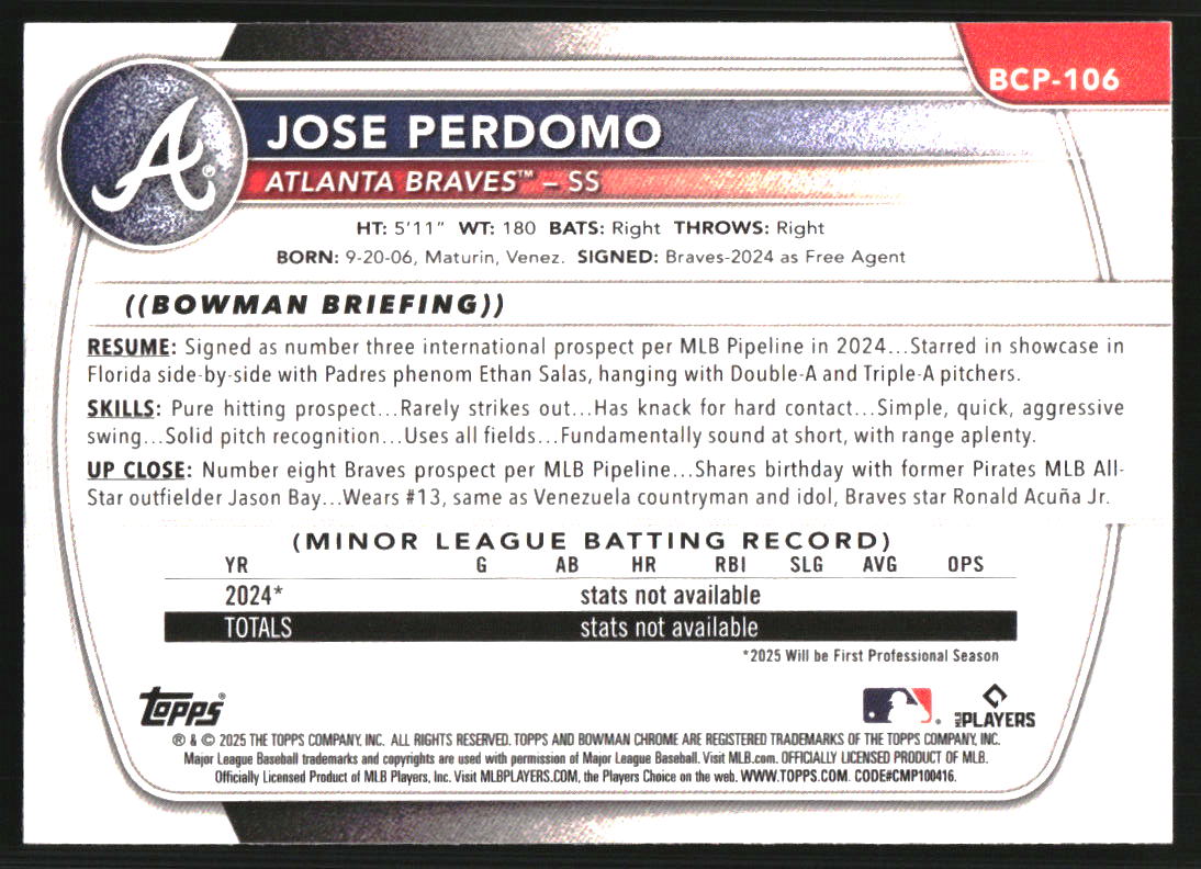 2025 Bowman Chrome Prospects X-Fractors #BCP106 Jose Perdomo