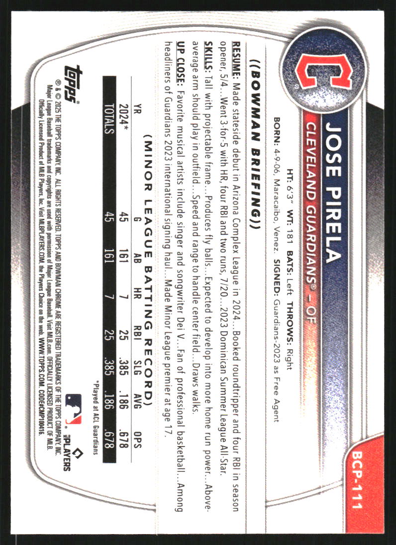 2025 Bowman Chrome Prospects X-Fractors #BCP111 Jose Pirela
