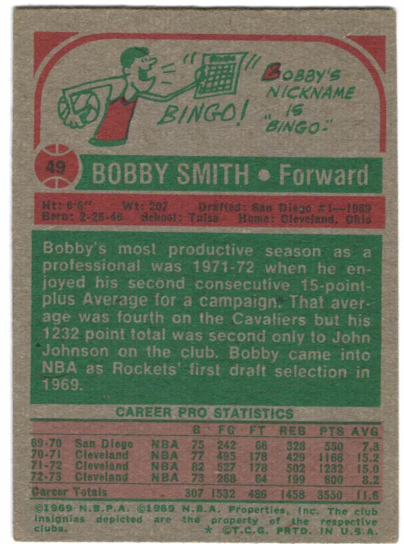1973-74 Topps #49 Bobby Smith back image