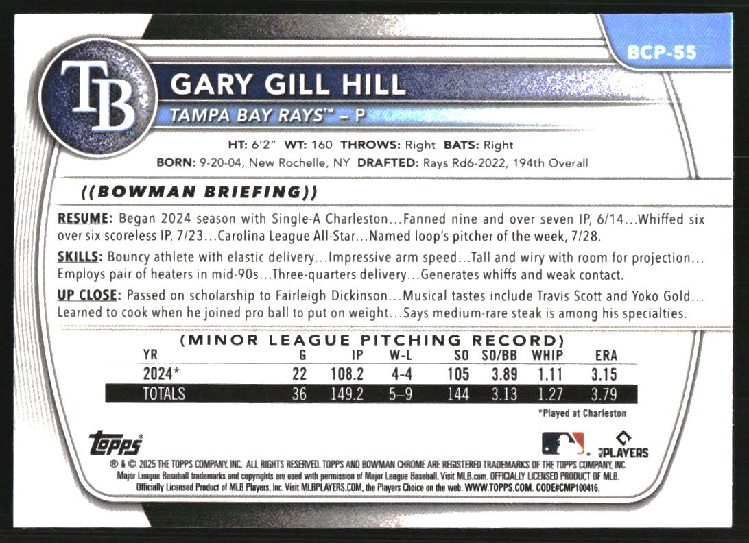 2025 Bowman Chrome Prospects Reptilian Refractors #BCP55 Gary Gill Hill