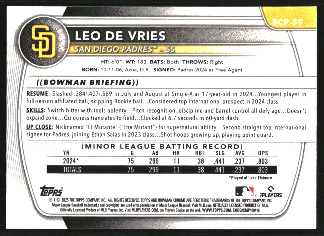 2025 Bowman Chrome Prospects Reptilian Refractors #BCP59 Leo De Vries