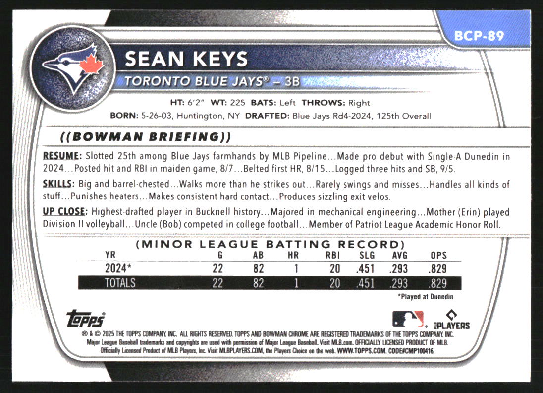 2025 Bowman Chrome Prospects Reptilian Refractors #BCP89 Sean Keys