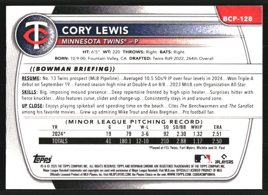 2025 Bowman Chrome Prospects Reptilian Refractors #BCP128 Cory Lewis