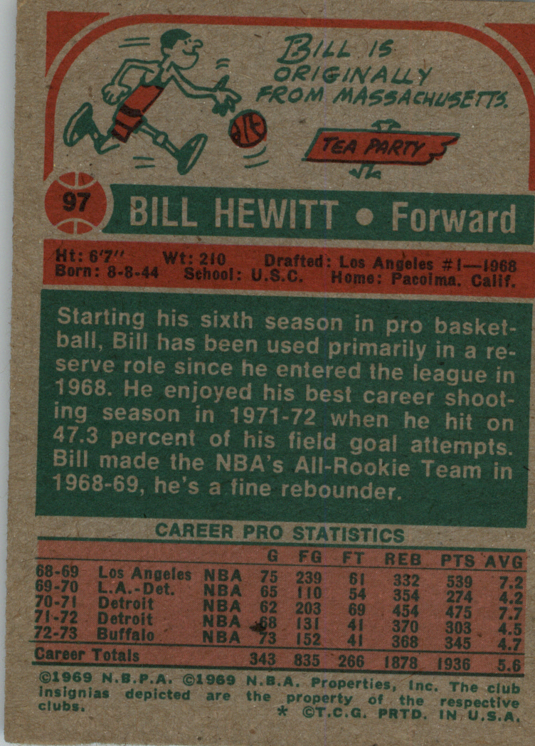 1973-74 Topps #97 Bill Hewitt back image
