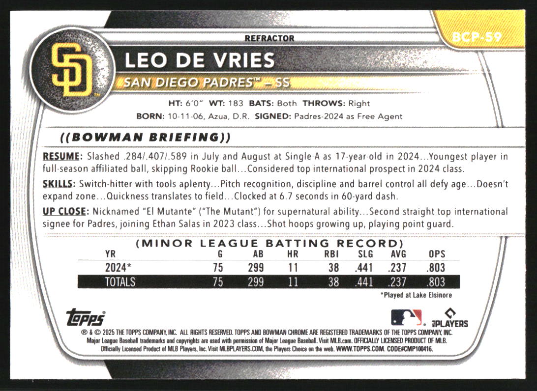 2025 Bowman Chrome Prospects Refractors #BCP59 Leo De Vries