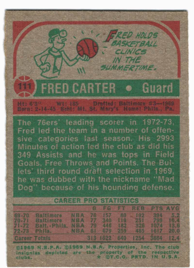 1973-74 Topps #111 Fred Carter back image