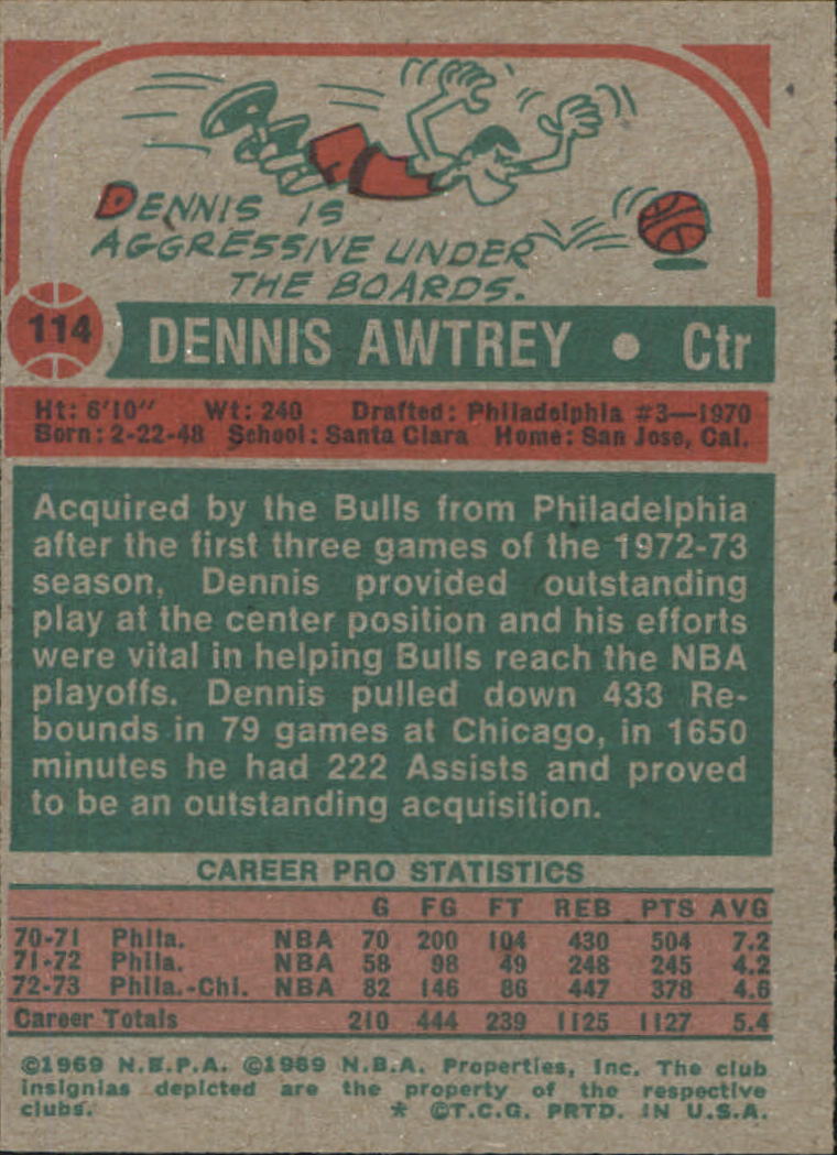 1973-74 Topps #114 Dennis Awtrey back image