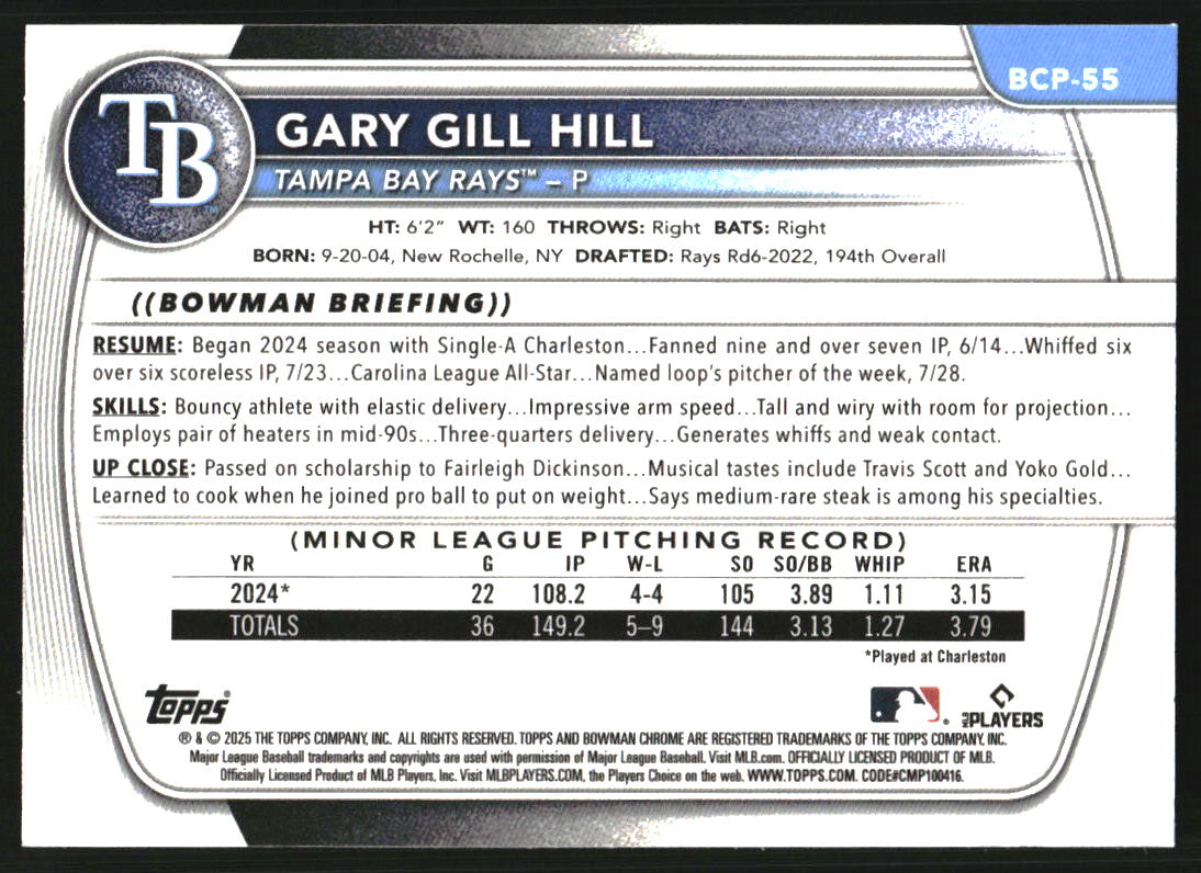 2025 Bowman Chrome Prospects Lava Refractors #BCP55 Gary Gill Hill