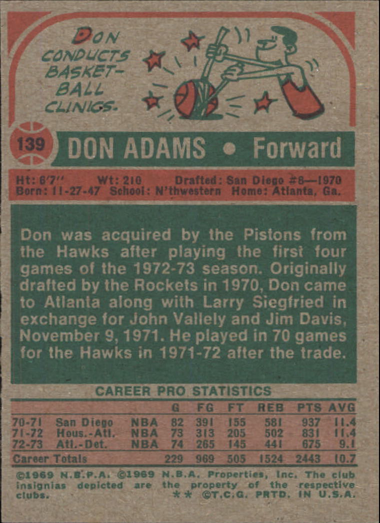 1973-74 Topps #139 Don Adams back image