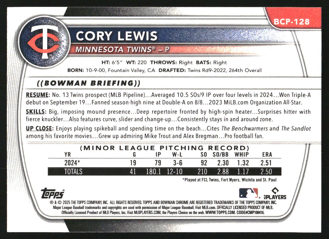2025 Bowman Chrome Prospects Wave Refractors #BCP128 Cory Lewis