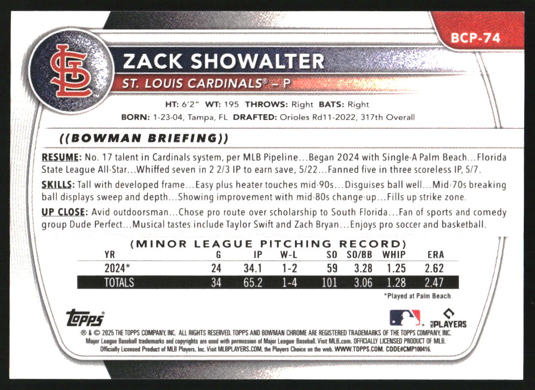 2025 Bowman Chrome Prospects Speckle Refractors #BCP74 Zack Showalter