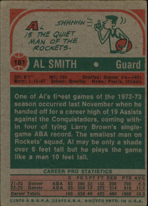 1973-74 Topps #181 Al Smith back image
