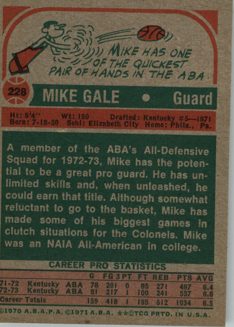 1973-74 Topps #228 Mike Gale RC back image
