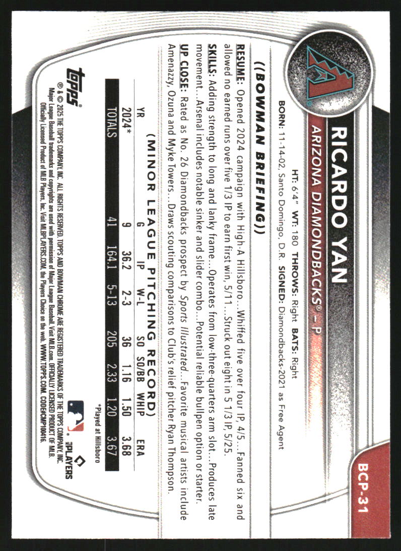 2025 Bowman Chrome Prospects Blue Geometric Refractors #BCP31 Ricardo Yan /150
