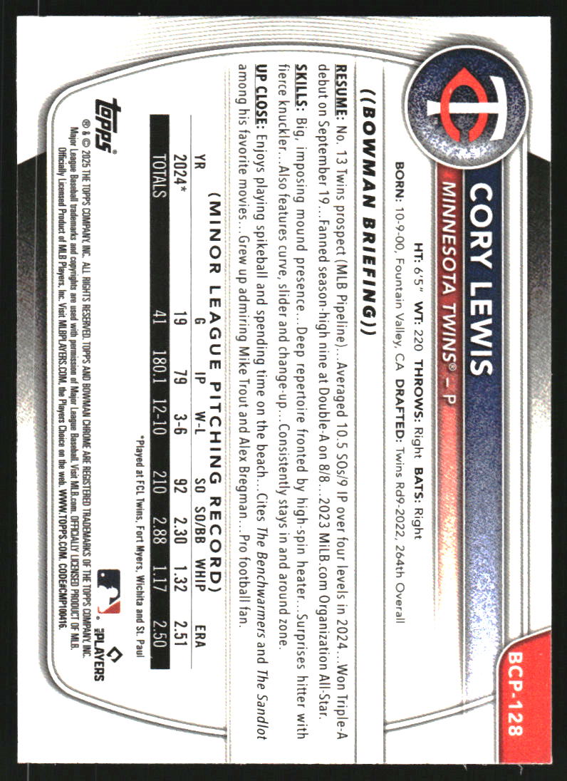 2025 Bowman Chrome Prospects Blue RayWave Refractors #BCP128 Cory Lewis