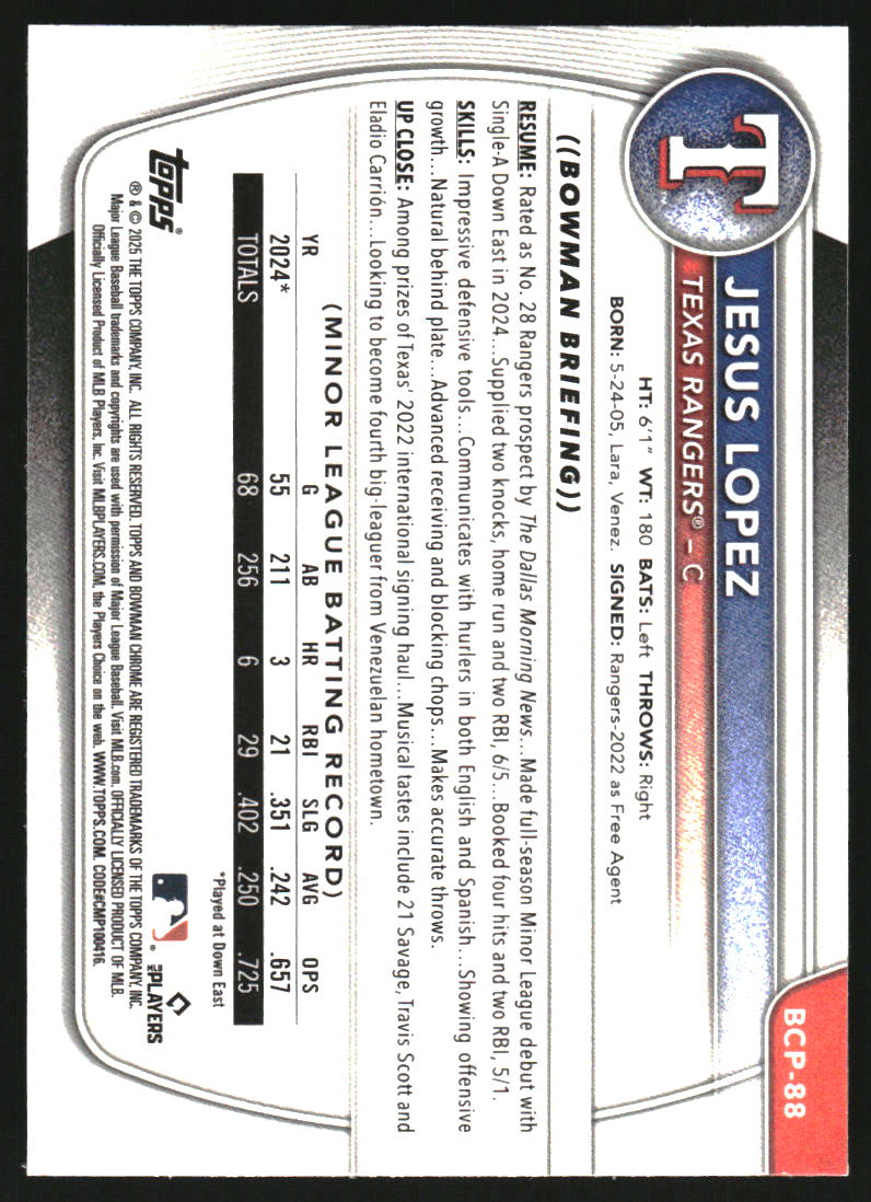 2025 Bowman Chrome Prospects Blue Reptilian Refractors #BCP88 Jesus Lopez /150