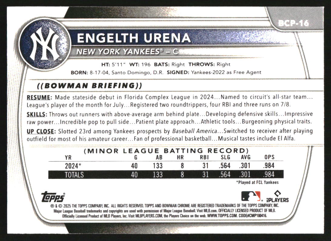 2025 Bowman Chrome Prospects Blue Shimmer Refractors #BCP16 Engelth Urena