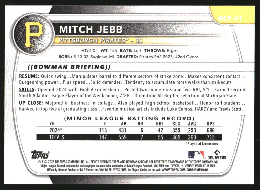2025 Bowman Chrome Prospects Blue Shimmer Refractors #BCP41 Mitch Jebb