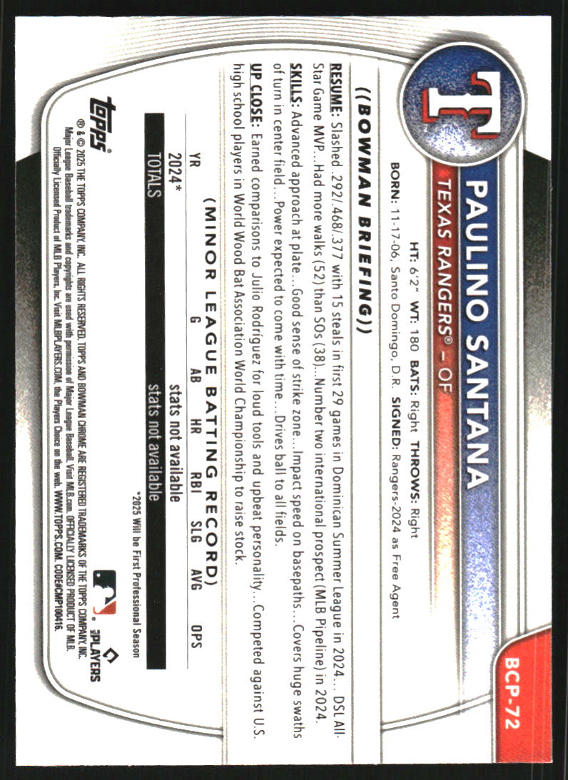 2025 Bowman Chrome Prospects Blue Shimmer Refractors #BCP72 Paulino Santana /150