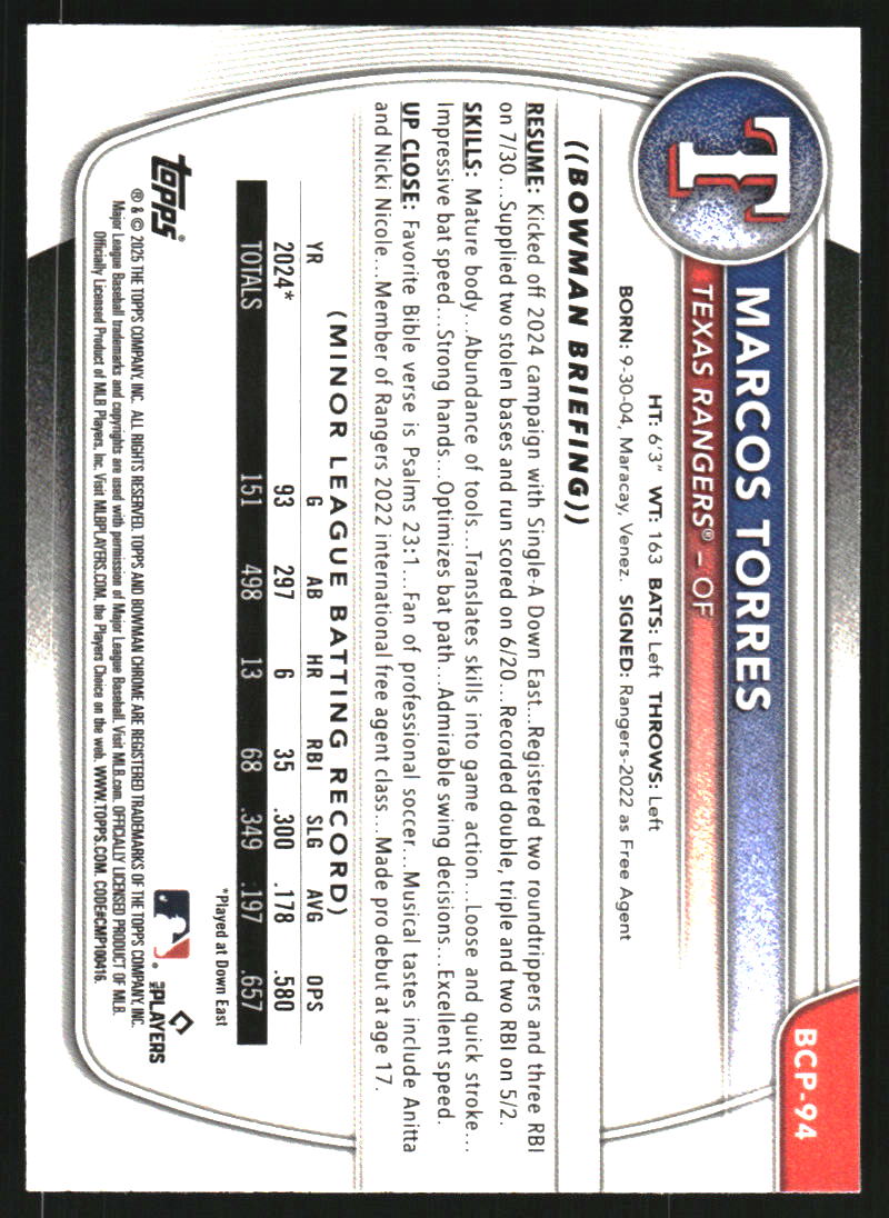 2025 Bowman Chrome Prospects Blue Shimmer Refractors #BCP94 Marcos Torres