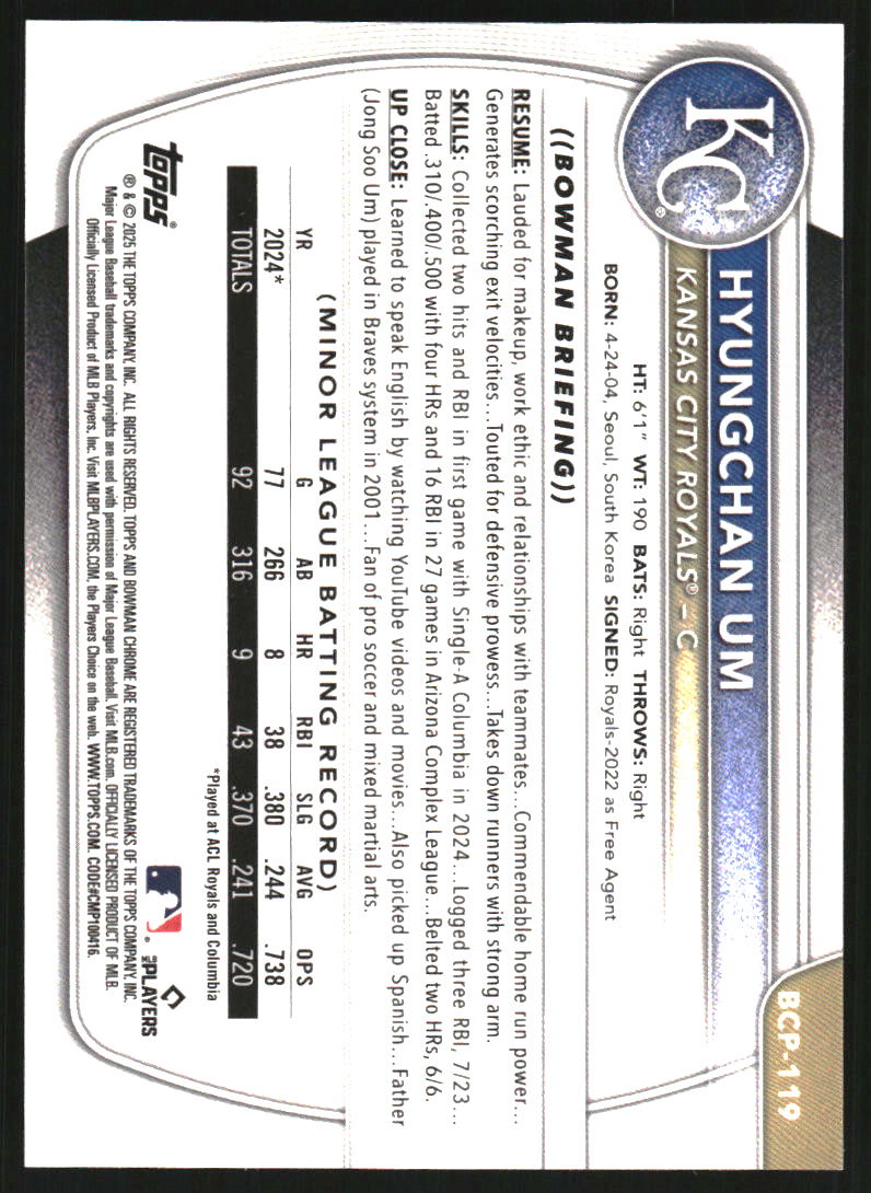 2025 Bowman Chrome Prospects Blue Shimmer Refractors #BCP119 Hyungchan Um /150