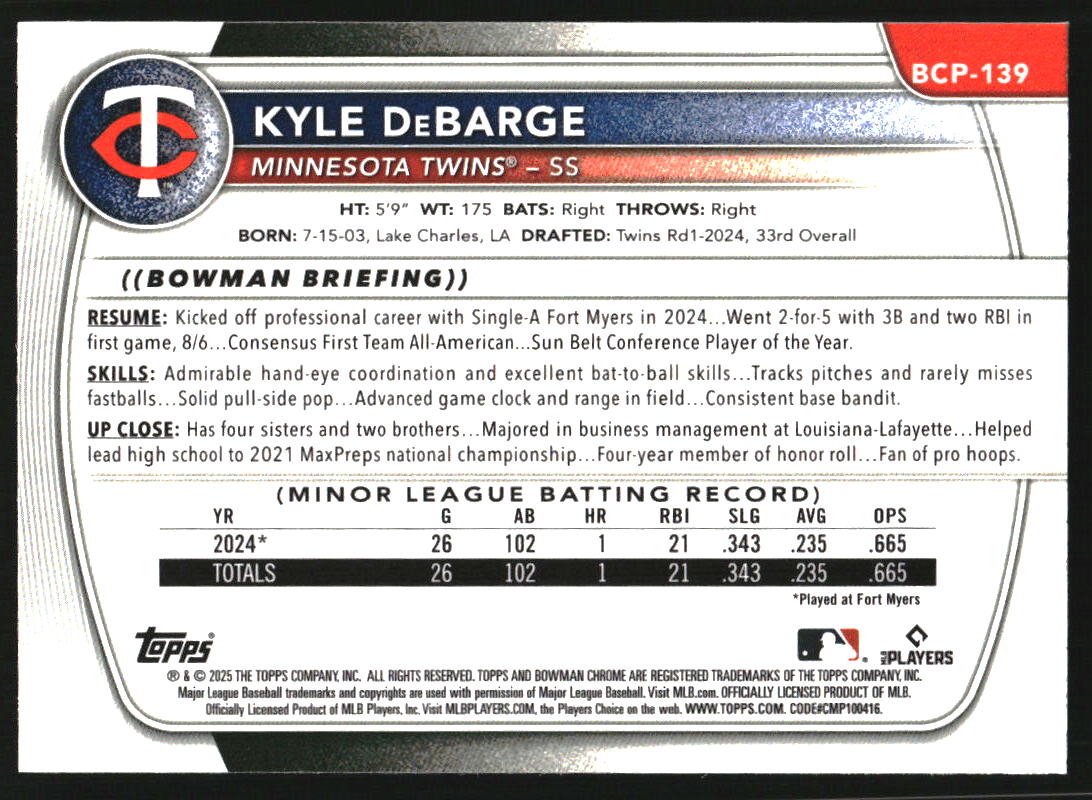 2025 Bowman Chrome Prospects Blue Shimmer Refractors #BCP139 Kyle DeBarge