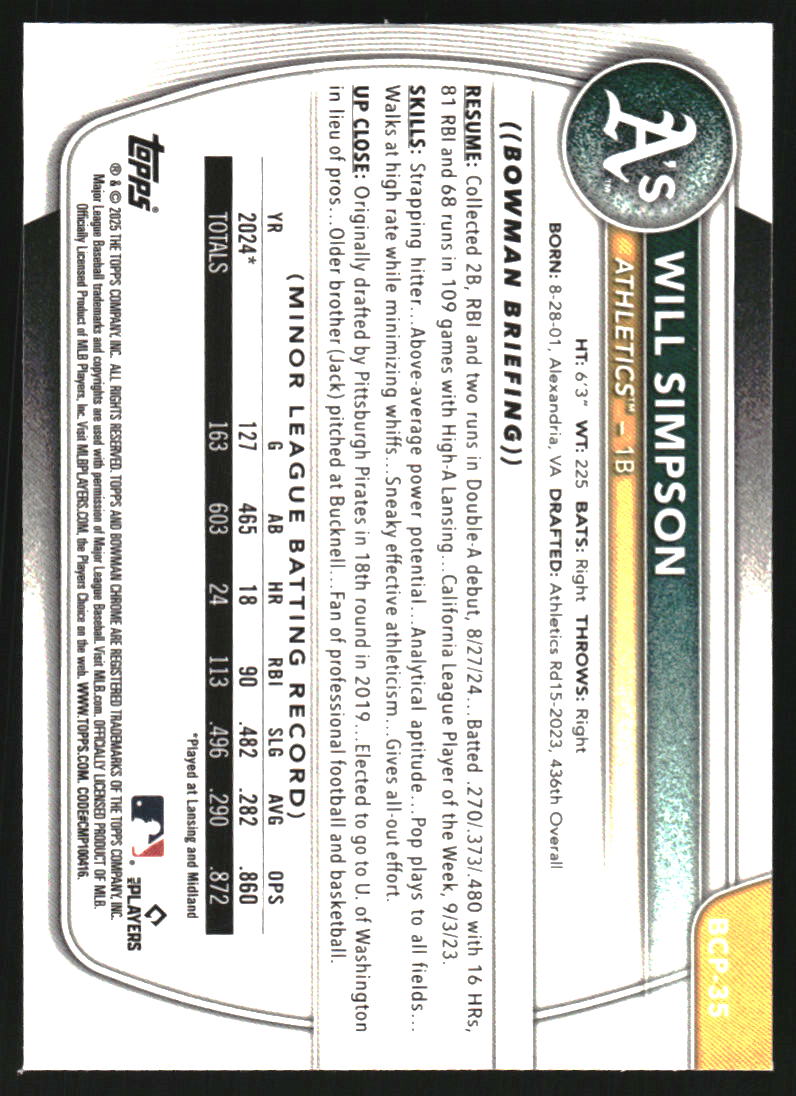 2025 Bowman Chrome Prospects Aqua Shimmer Refractors #BCP35 Will Simpson /125