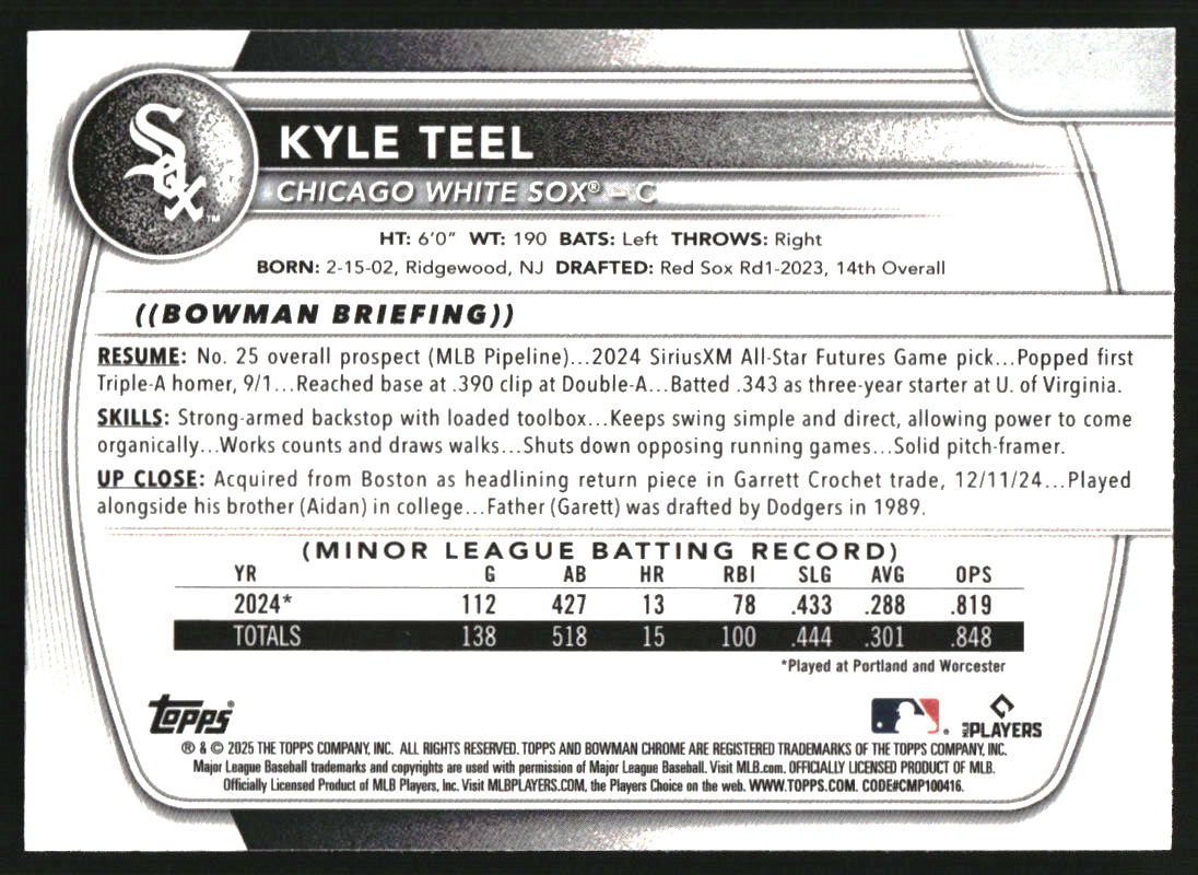 2025 Bowman Chrome Prospects Aqua Shimmer Refractors #BCP118 Kyle Teel