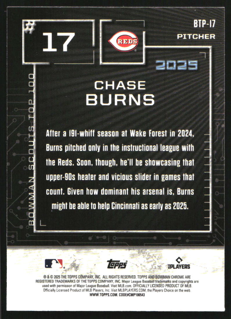 2025 Bowman Chrome Scouts Top 100 Aqua Refractors #BTP17 Chase Burns
