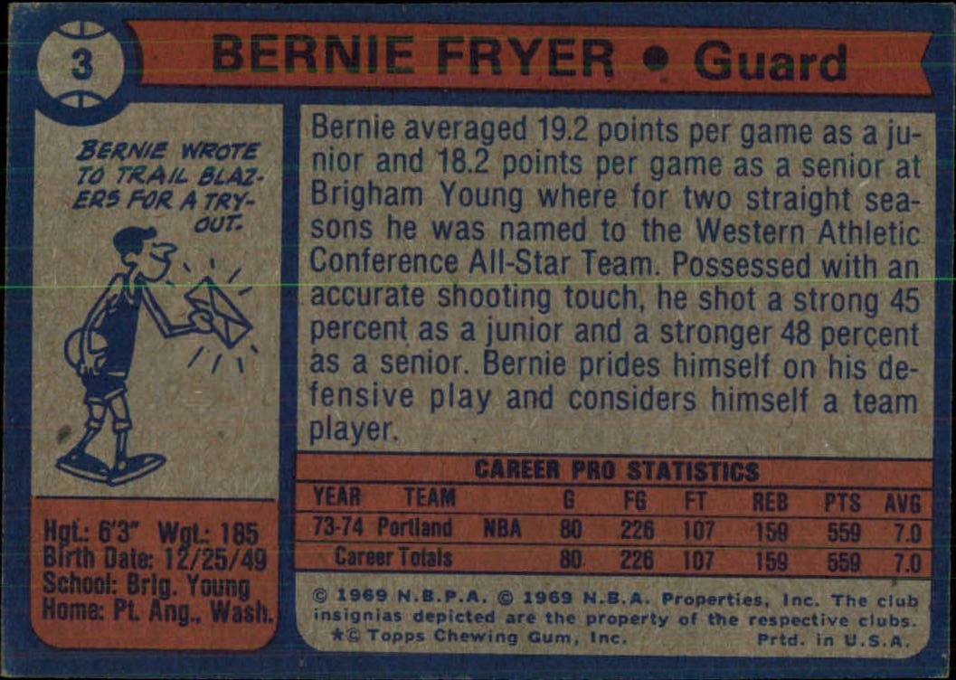 1974-75 Topps #3 Bernie Fryer RC back image