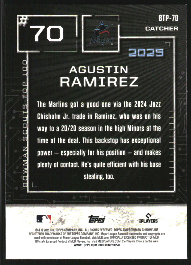 2025 Bowman Chrome Scouts Top 100 Aqua Refractors #BTP70 Agustin Ramirez