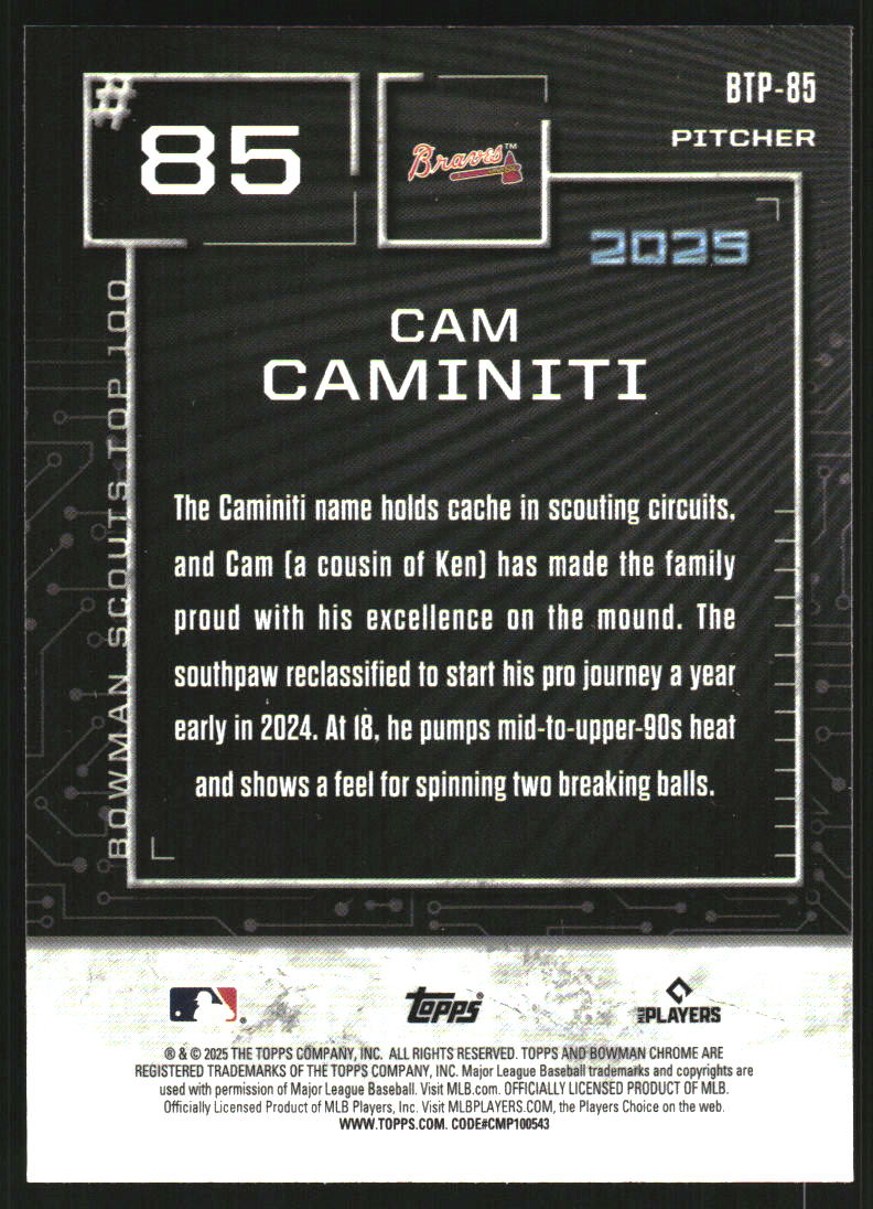 2025 Bowman Chrome Scouts?Top?100 Aqua Refractors #BTP85 Cam Caminiti /125
