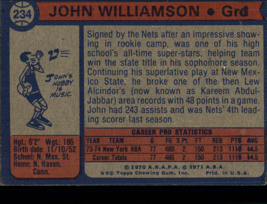 1974-75 Topps #234 John Williamson RC back image