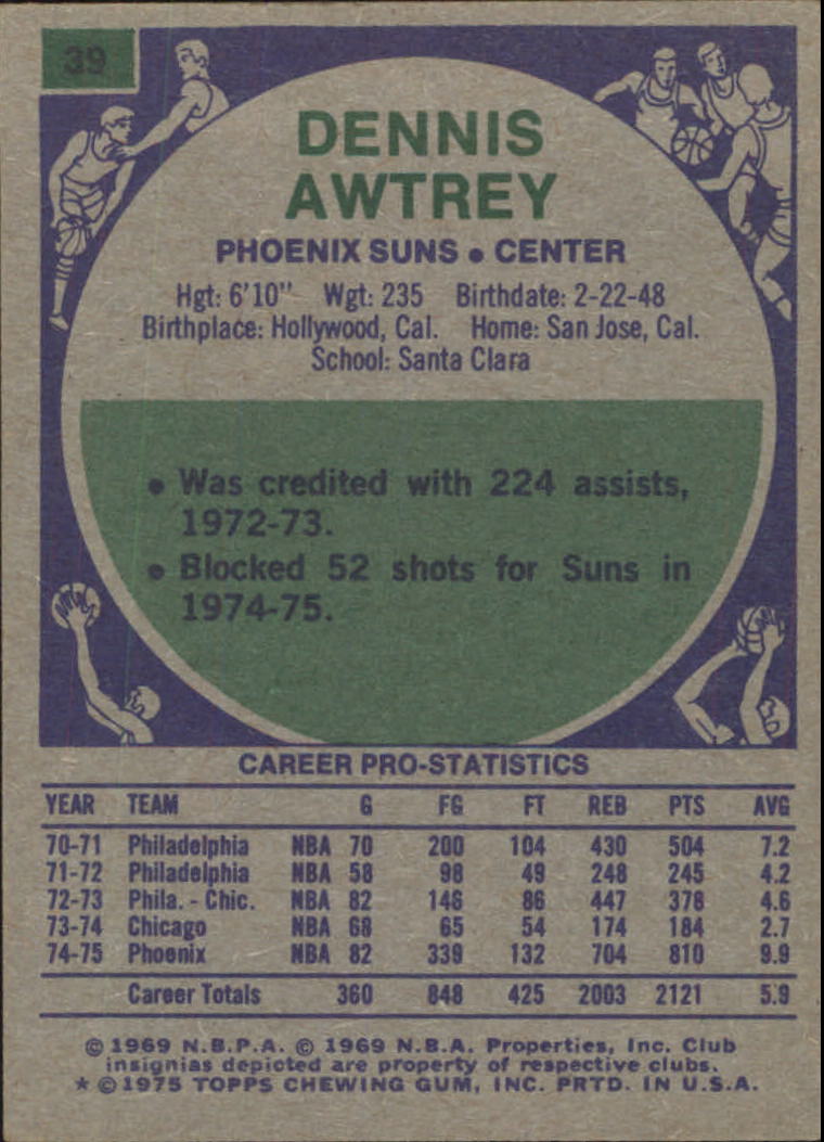1975-76 Topps #39 Dennis Awtrey DP back image