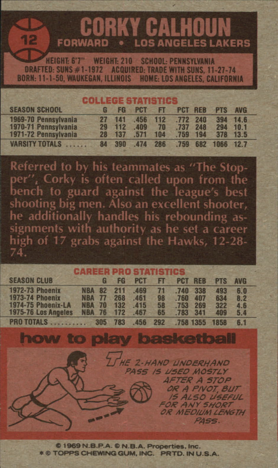 1976-77 Topps #12 Corky Calhoun back image
