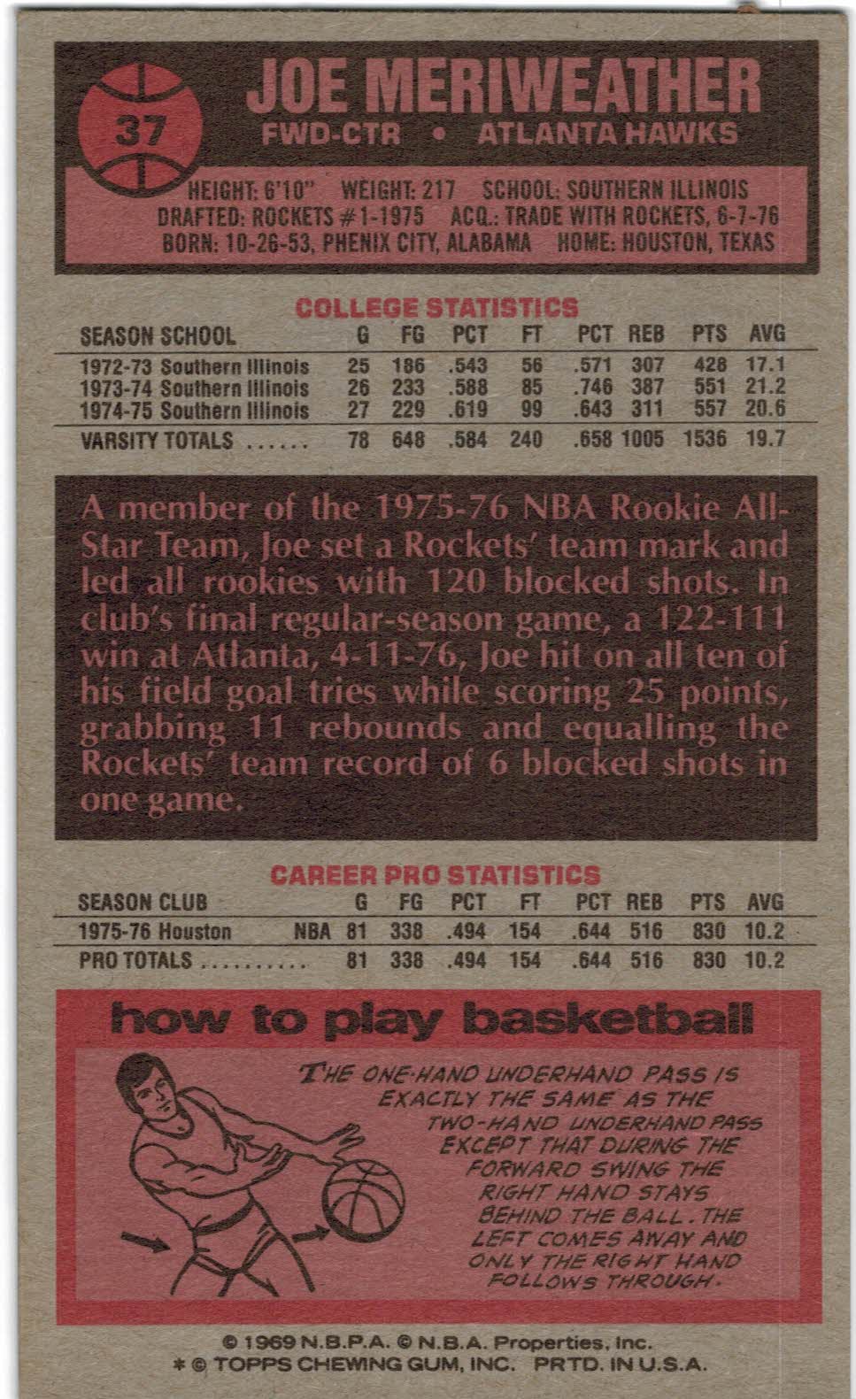 1976-77 Topps #37 Joe Meriweather RC back image
