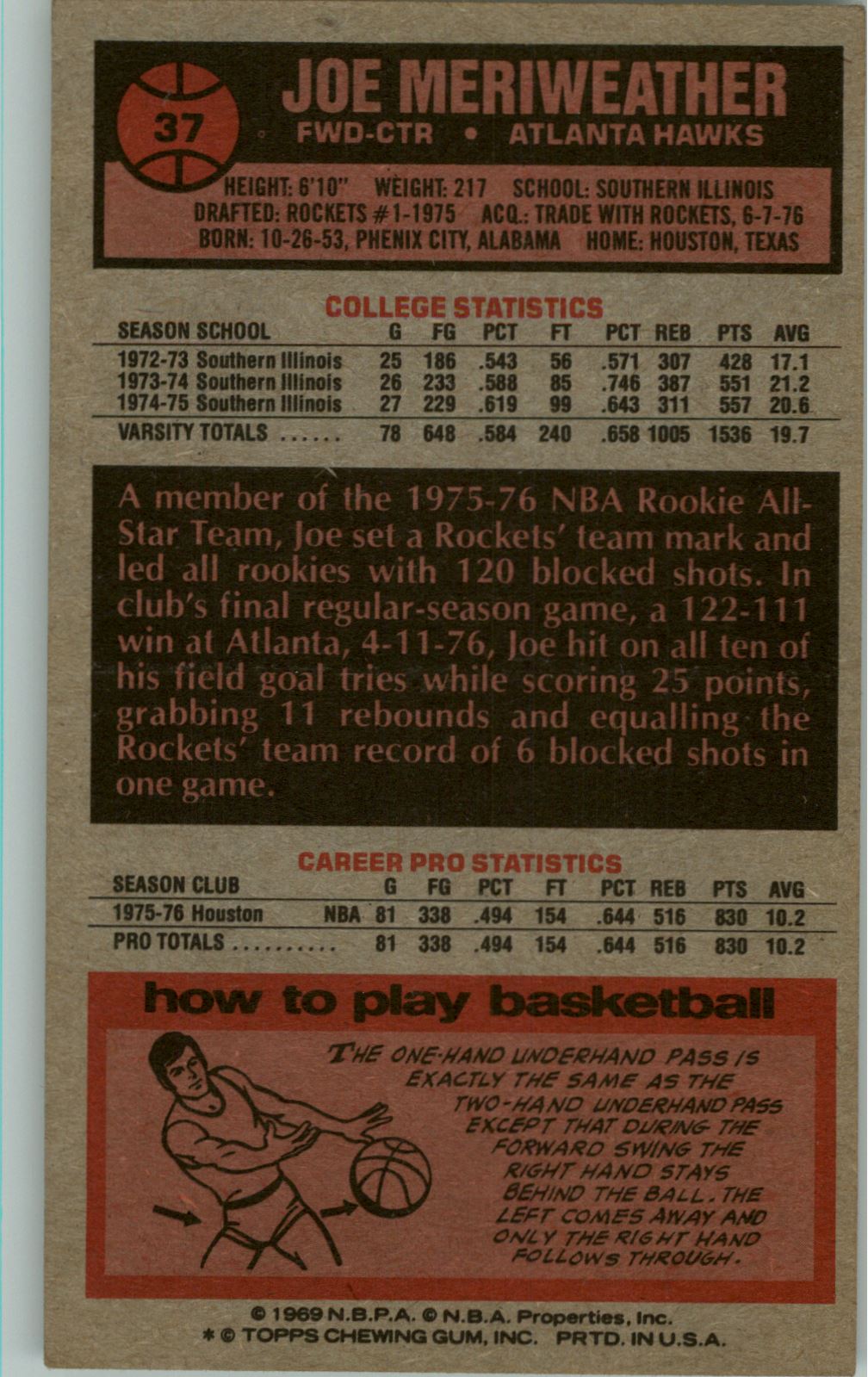 1976-77 Topps #37 Joe Meriweather RC back image