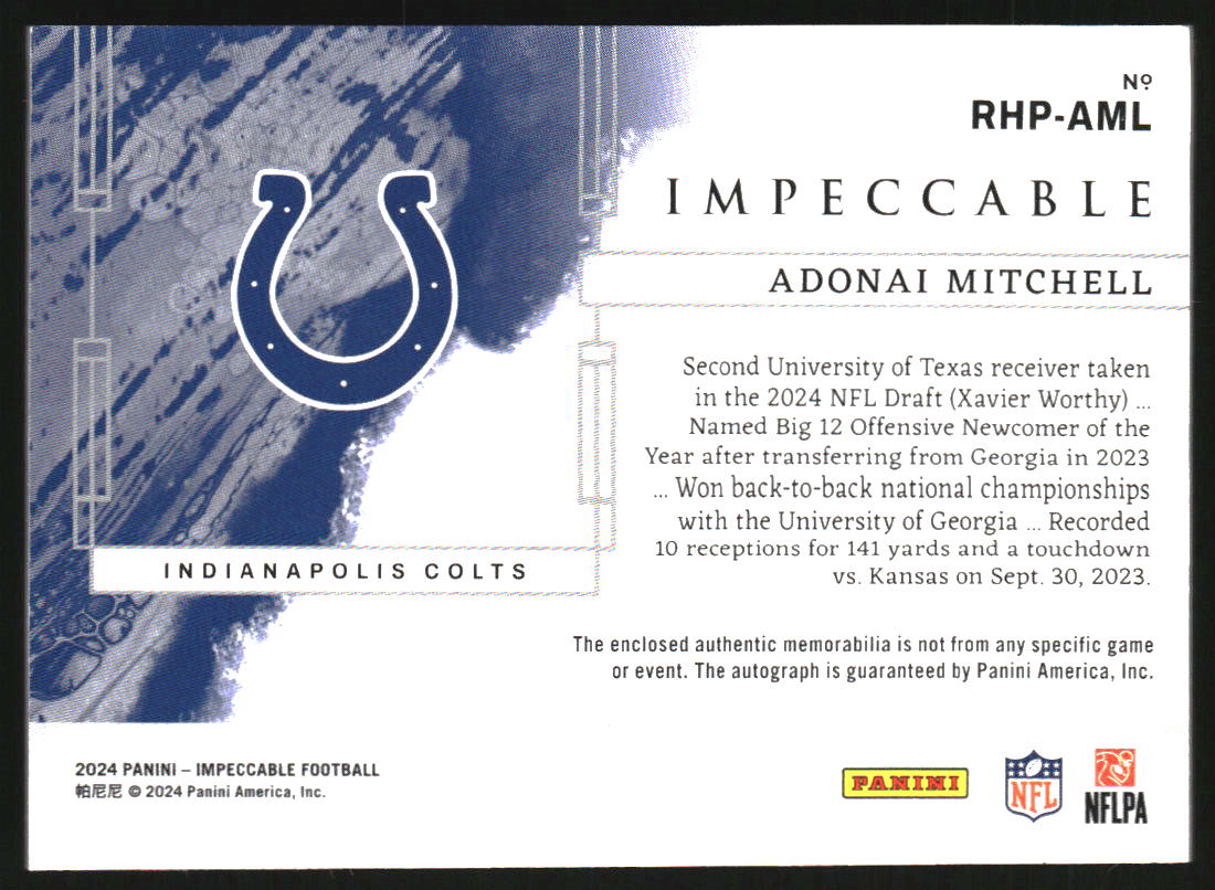 2024 Panini Impeccable Elegance Rookie Helmet and Patch Autographs Silver #8 Adonai Mitchell Auto Jersey /50