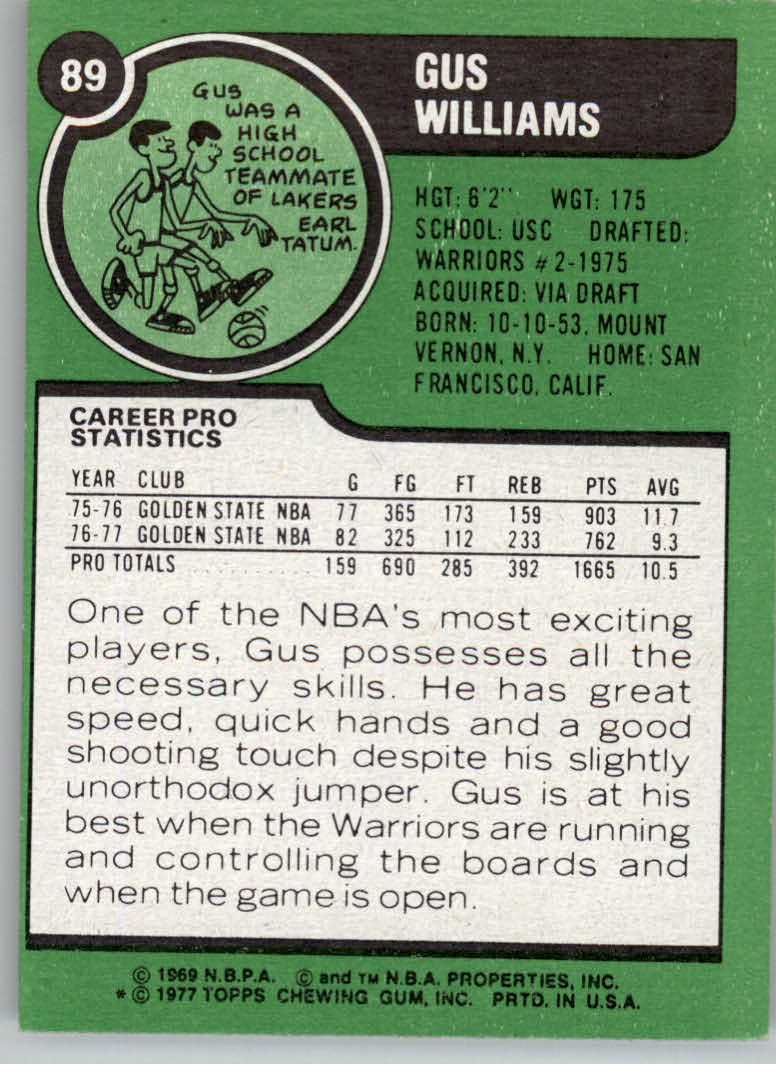 1977-78 Topps #89 Gus Williams back image