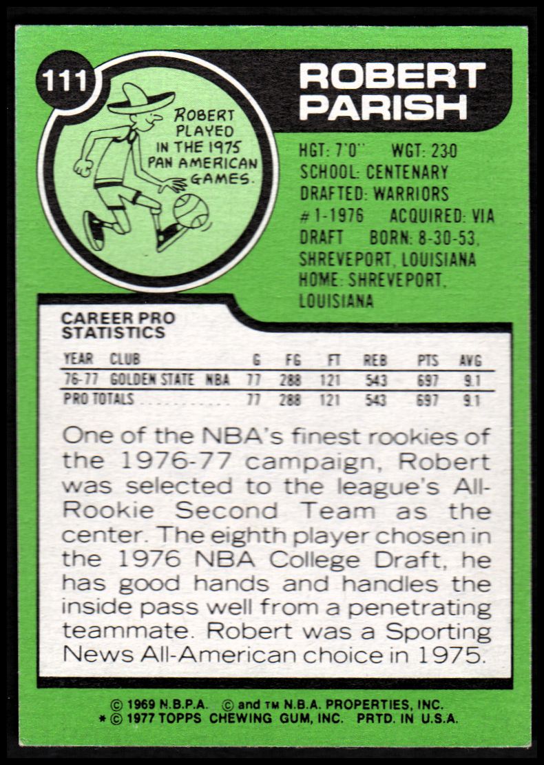 1977-78 Topps #111 Robert Parish RC back image